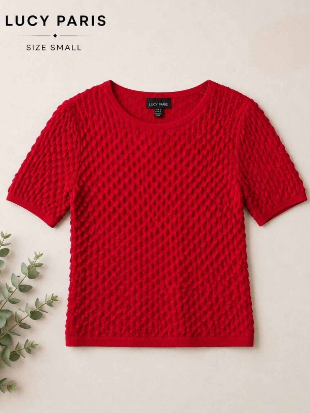❤️EUC Lucy Paris Red 3D Textured Knit Top Short Sleeve, Size Small
